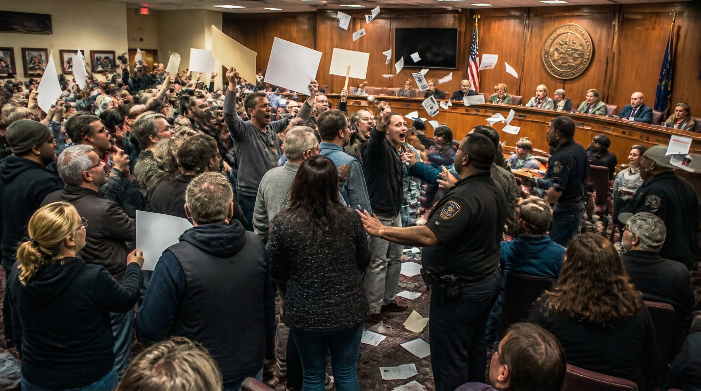 A packed council chamber where residents stand, shout over each other and hold signs while officials look on from the dais