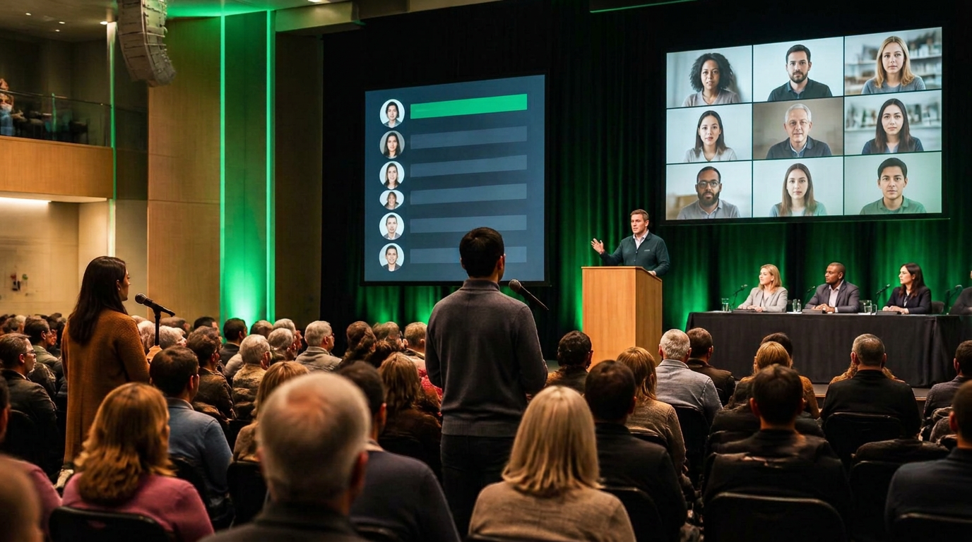 A calm town hall where residents ask questions one at a time, in the room and from home, while a moderator works an ordered queue on screen