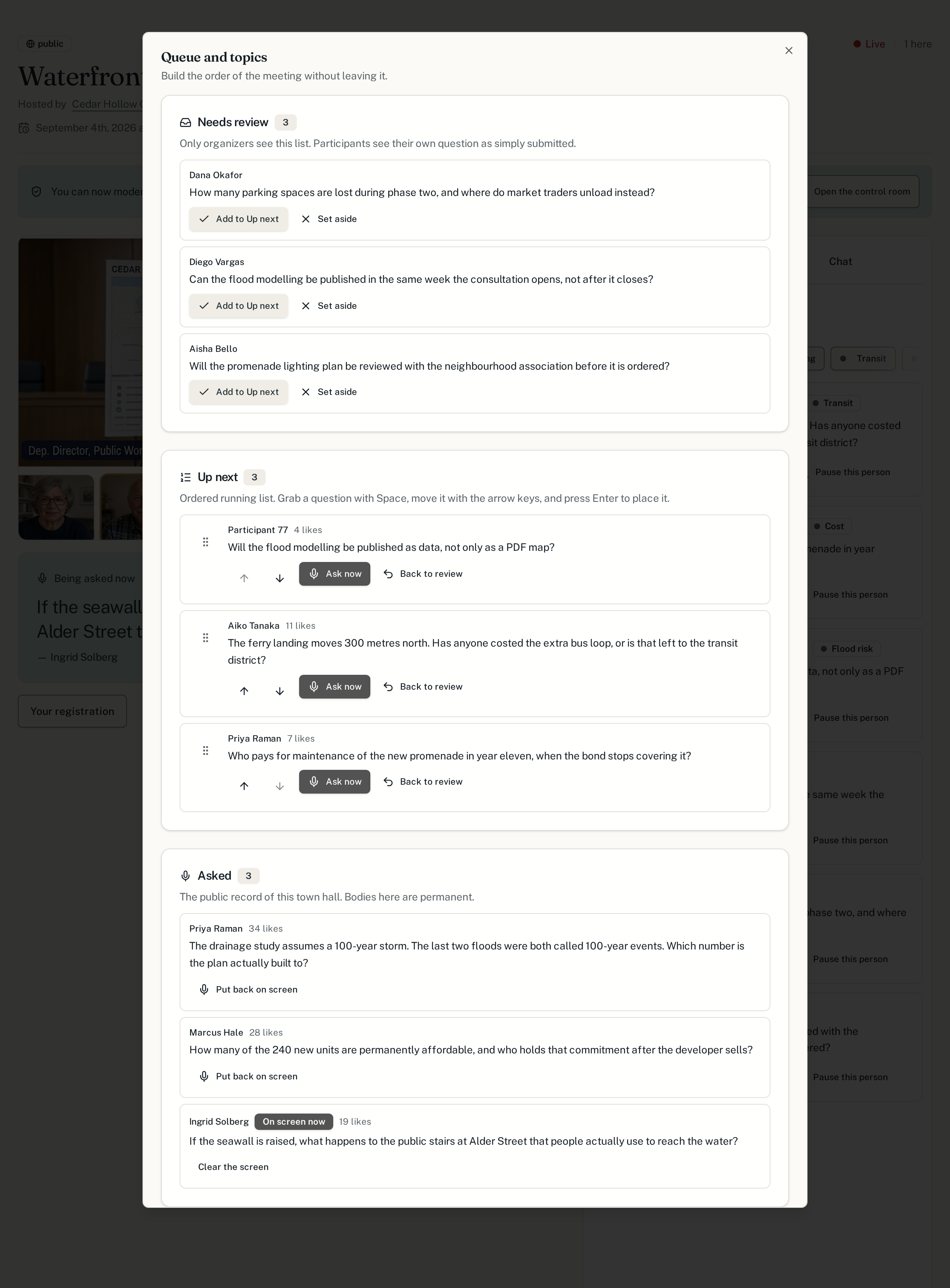 The Prytaneum control room: the review list and the ordered Up next queue on the left, topics on the right.