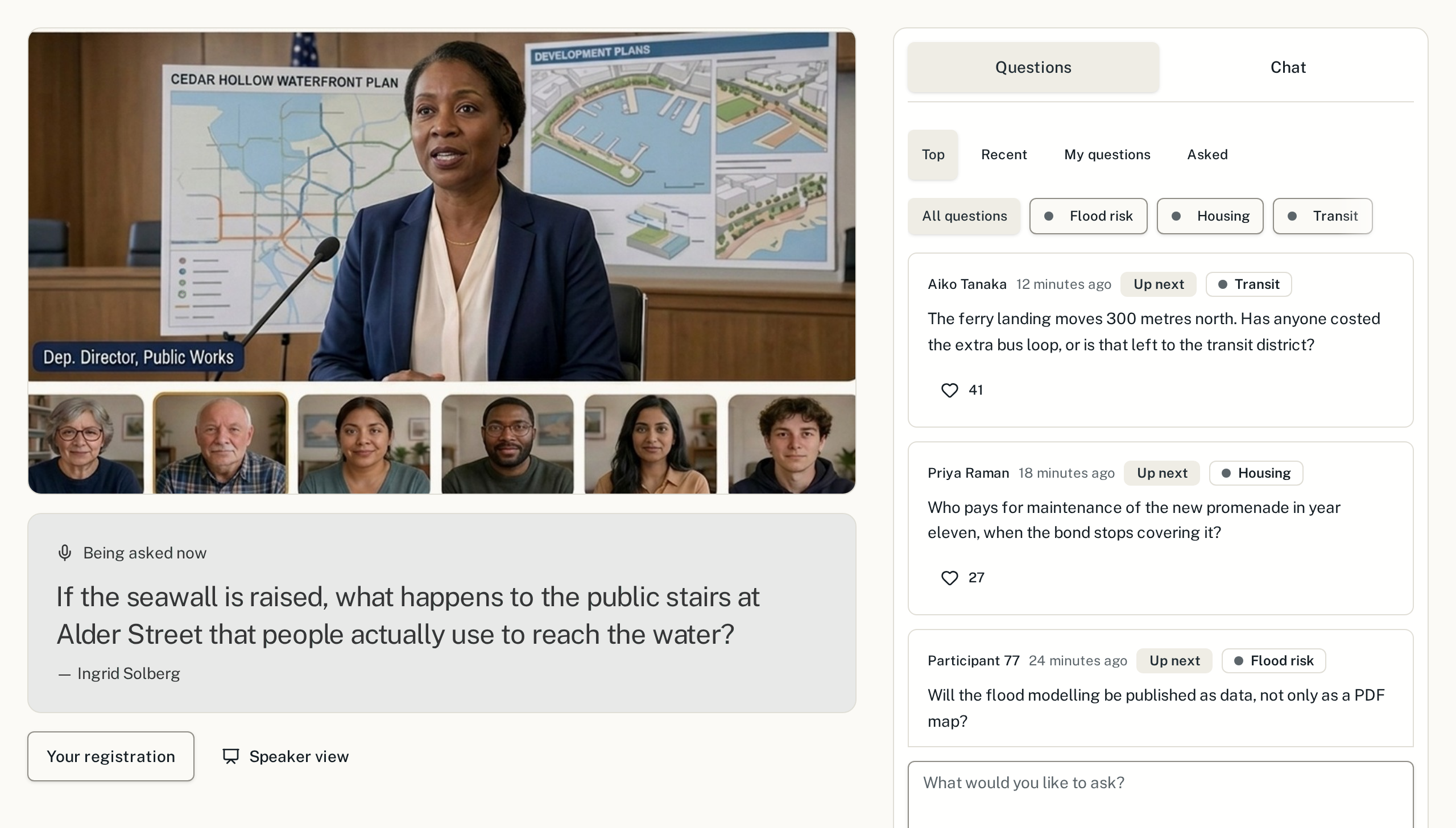 A live town hall: the call on the left with the panel member speaking and the residents' strip under her, the question being asked in the light gray panel below, and the discussion on the right with Questions and Chat tabs, the Top, Recent, My questions and Asked filters, topic chips, questions with their backing counts, and the box for typing at the bottom.