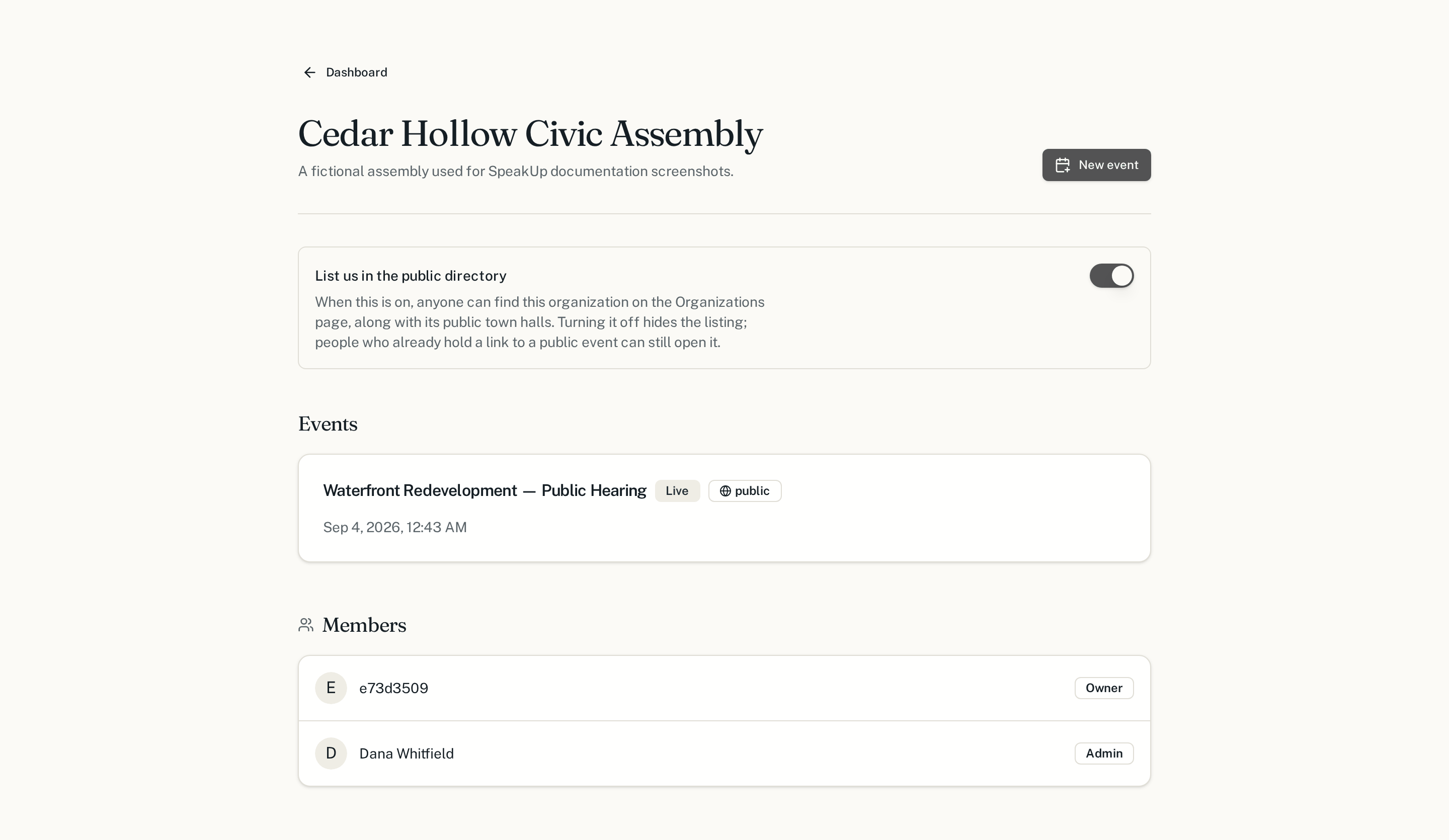An organization page in Prytaneum with the New event button, an events list and a members list.