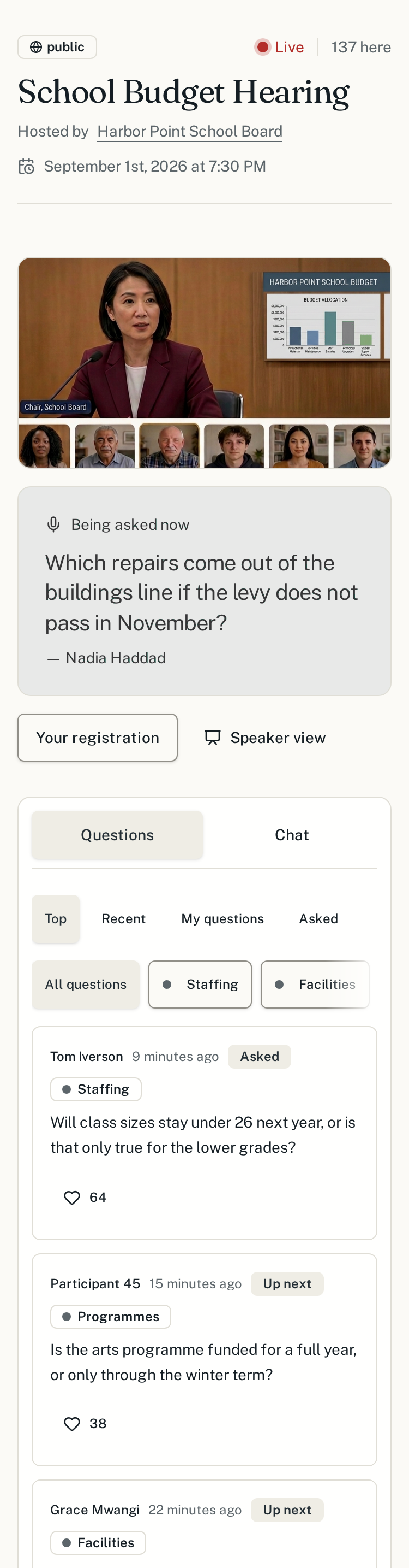 A Prytaneum school budget hearing on a phone: the video call at the top, the question being asked in the light gray panel beneath it, and the question list with its Top, Recent, My questions and Asked tabs stacked below.