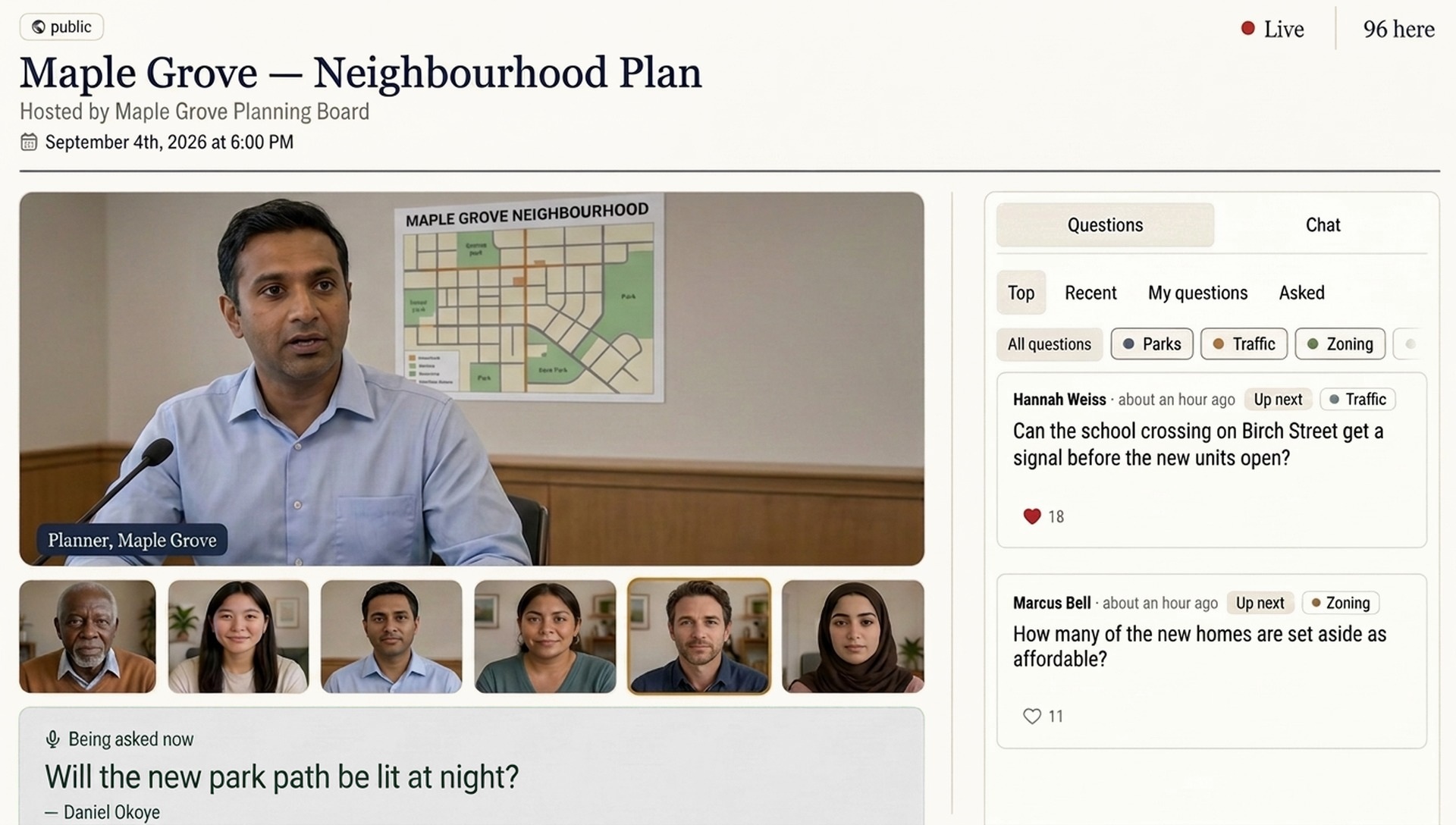 Illustration of a live Prytaneum town hall page: a city planner speaks in the main video with six participant tiles beneath, a red Live marker and a count of people here at the top right, a light gray 'Being asked now' panel under the video, and the question column on the right with its tabs, filters and topic chips.